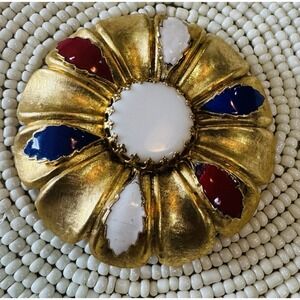 Vintage gold tone brooch pin large‎ flower red white blue enamel white milk bead